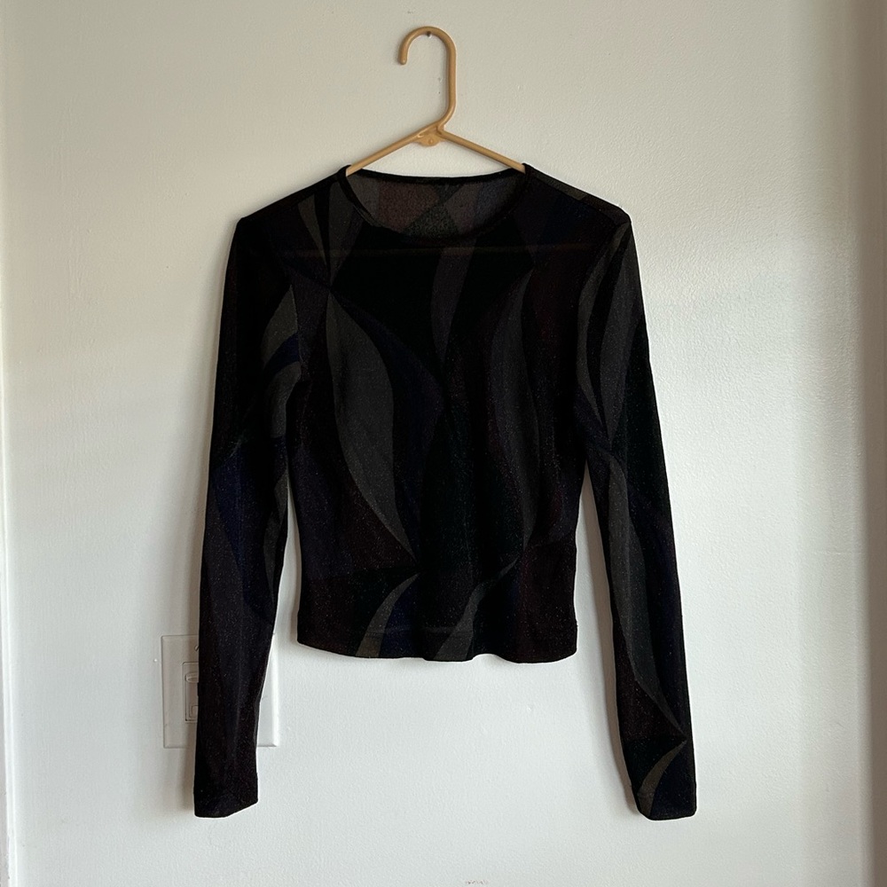 Y2K Black Sheer Long Sleeve Top 90s Whimsigoth Grunge Metallic Vamp Fairy - Picture 2 of 5